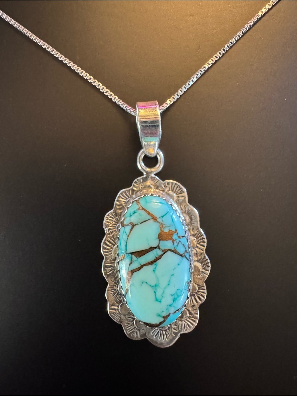 Sterling Silver Turquoise Pendant Necklace on an 18” Italian FAS Box Chain - Picture 5 of 6